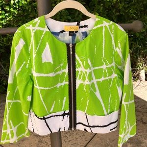 So Ca St John. Size 6. Striking Lime green, black and white art design jacket.